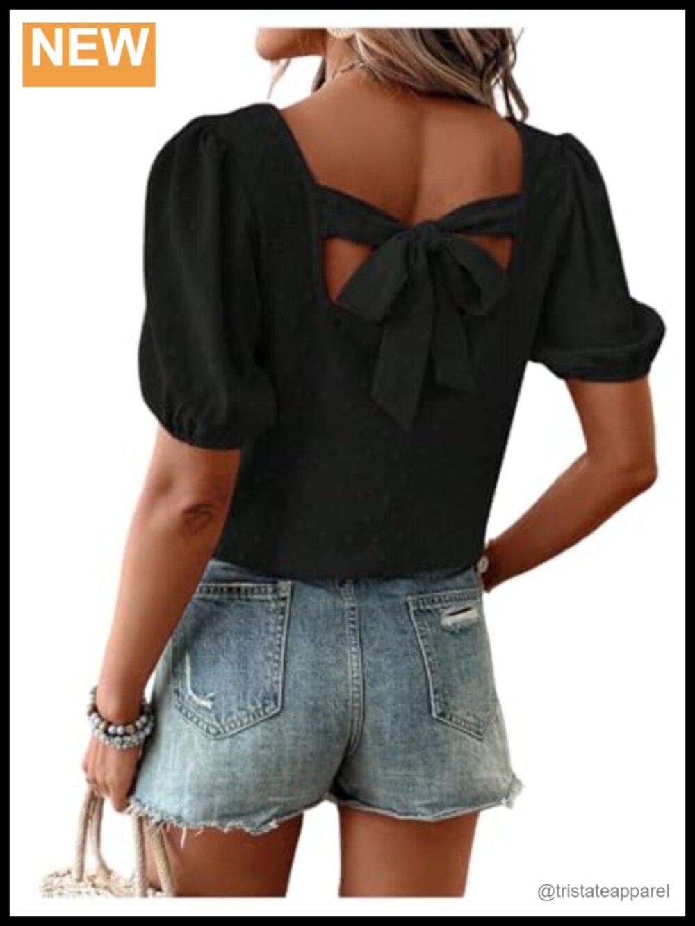 Women's Bow Tie Back Swiss Dots Square Neck Puff Sleeve Blouse